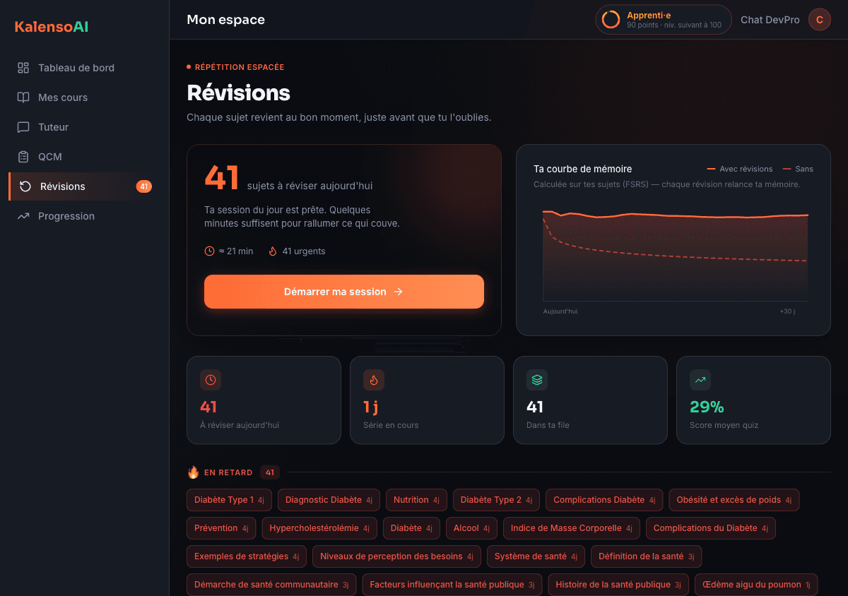 File de révision KalensoAI groupée par urgence avec badges braise